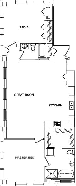 Floor plan for 2 beds, 2 baths, 1672 sqft